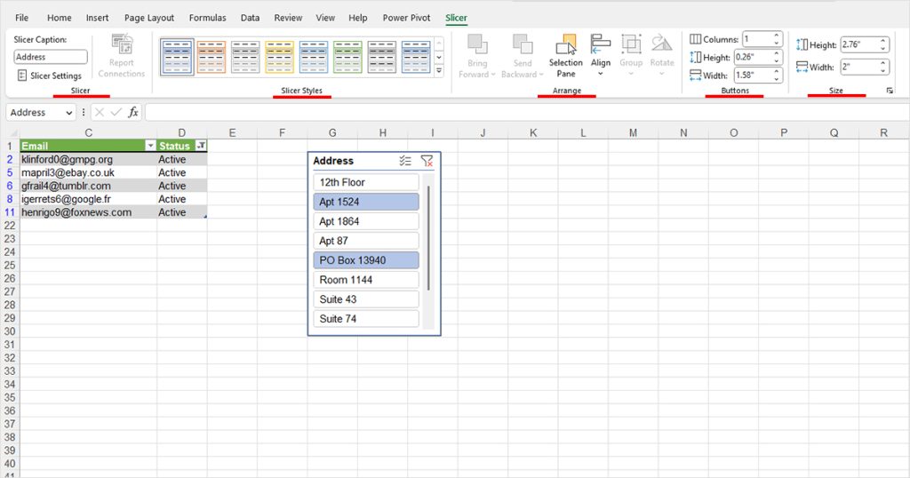 Slicer ribbon Excel