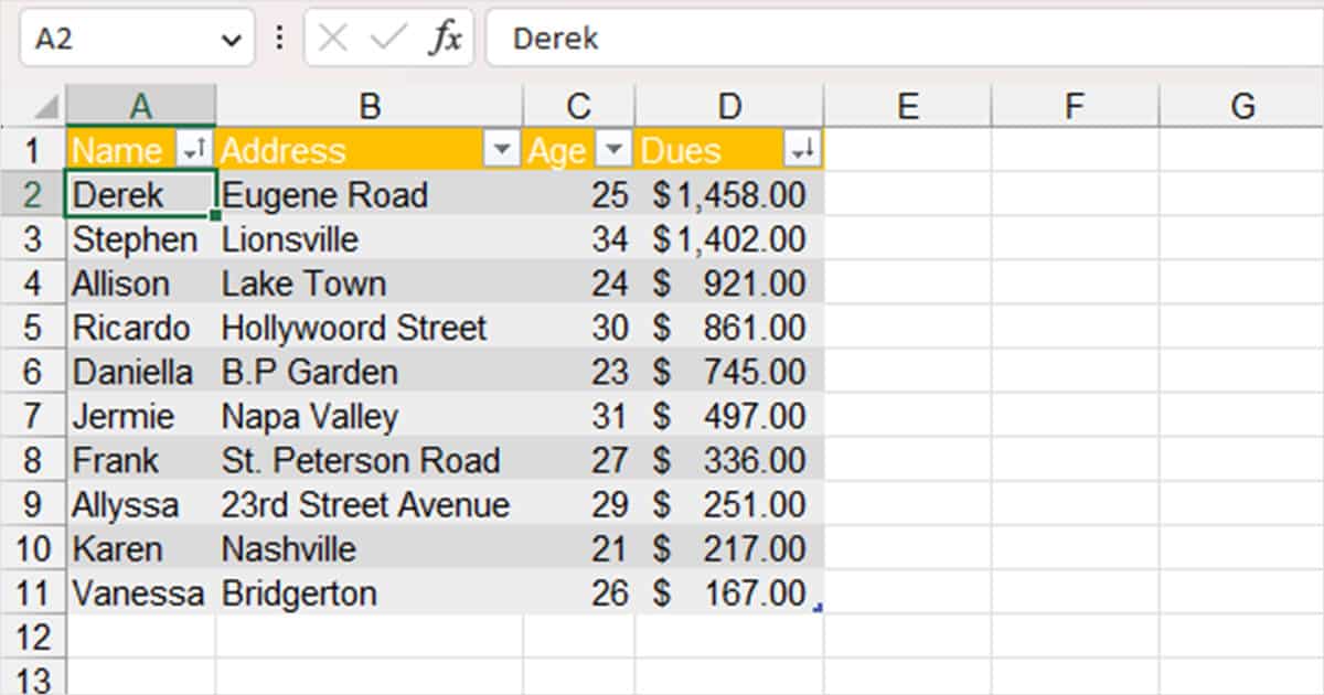Sorted Table in Excel
