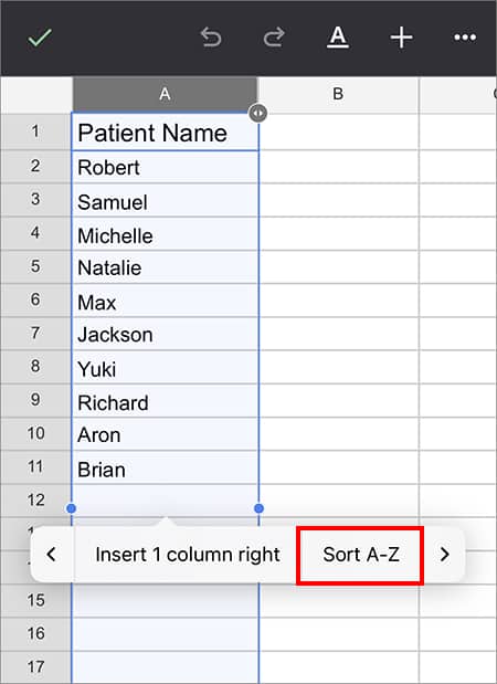 Tap on Sort A-Z to rearrange your data