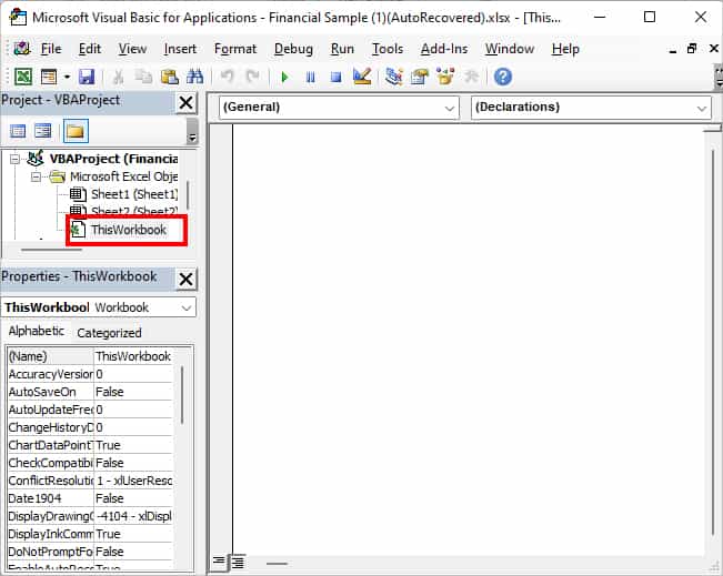 Under Microsoft Excel Objects, double-click on ThisWorkbook