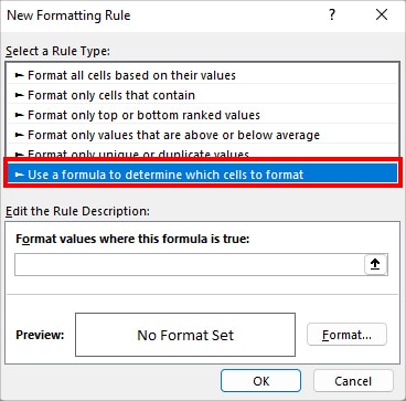 Under Select a Rule Type, pick Use a formula to determine which cells to format option