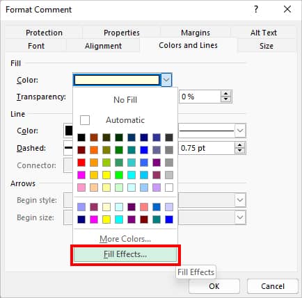 expand the drop-down menu of Color. Then, choose Fill effects