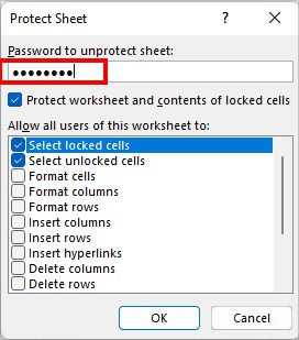 in the Password to unprotect sheet box, type in the password to lock the formula cells with