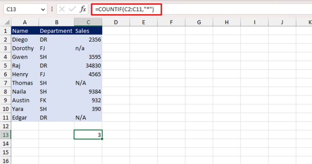 COUNT all cells with text in Excel