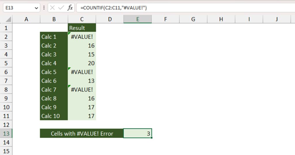 COUNT cells with VALUE error Excel