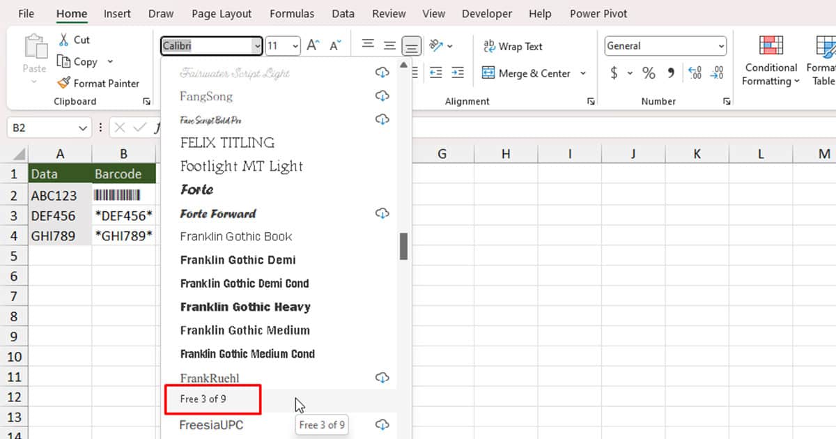 Change Font Type to Barcode in Excel