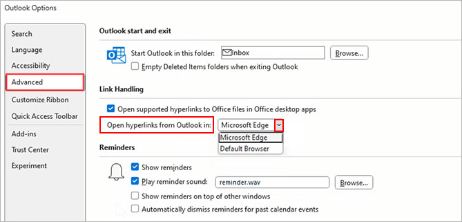 how to change default browser for links in outlook windows 10