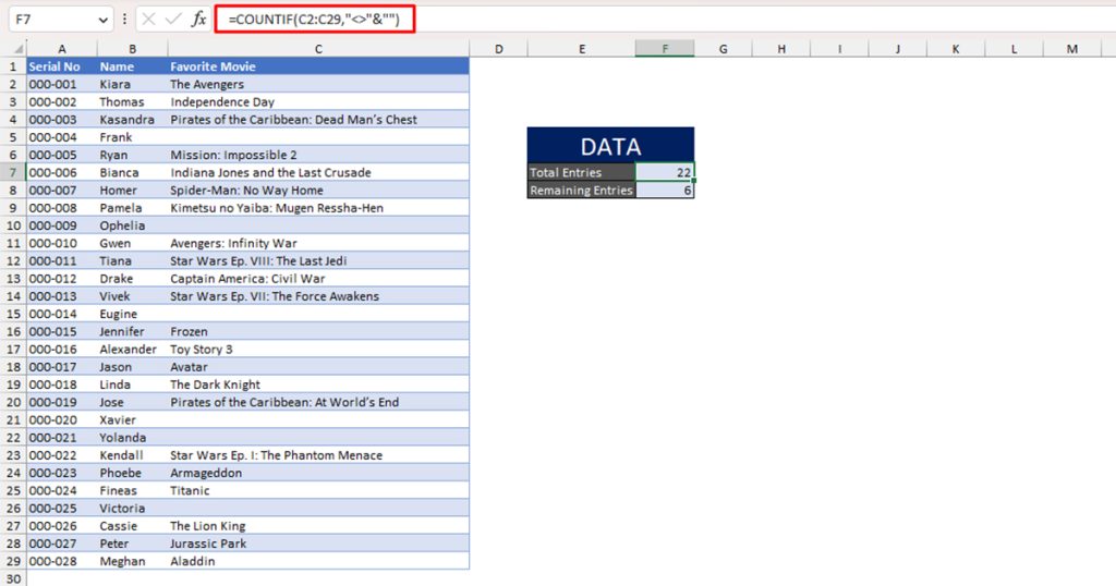 Count Non-empty cells in Excel