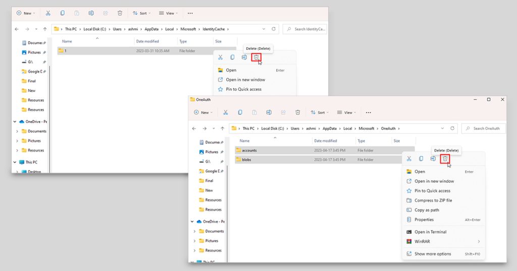 Delete folders from OneAuth and Identity Cache