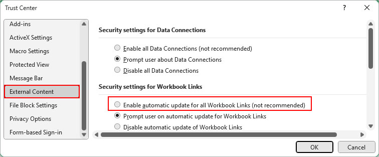 Enable-automatic-update-Excel-options