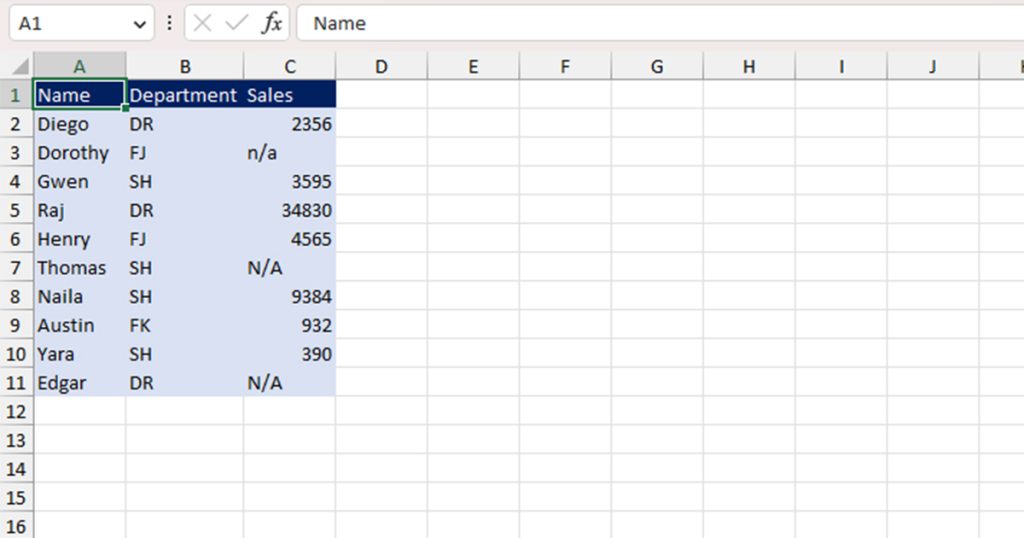 Excel data table