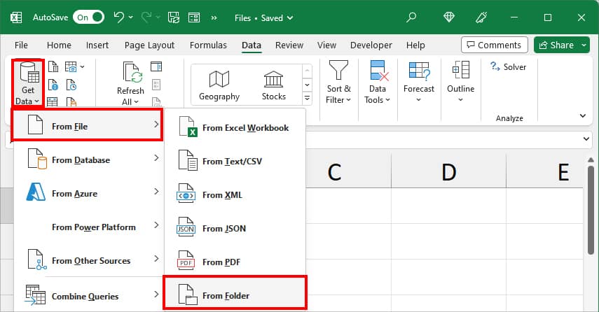 From Get & Transform Data, select Get Data. Pick From File- From Folder