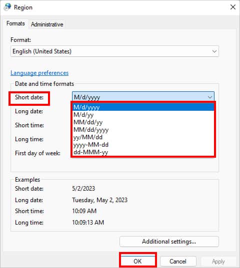 Now, on Short date, expand the Drop-down list and choose your format