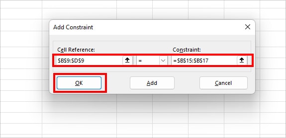 On Add Constraint box, set your Constraint and click OK