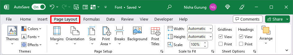 On your Excel spreadsheet, head to Page Layout