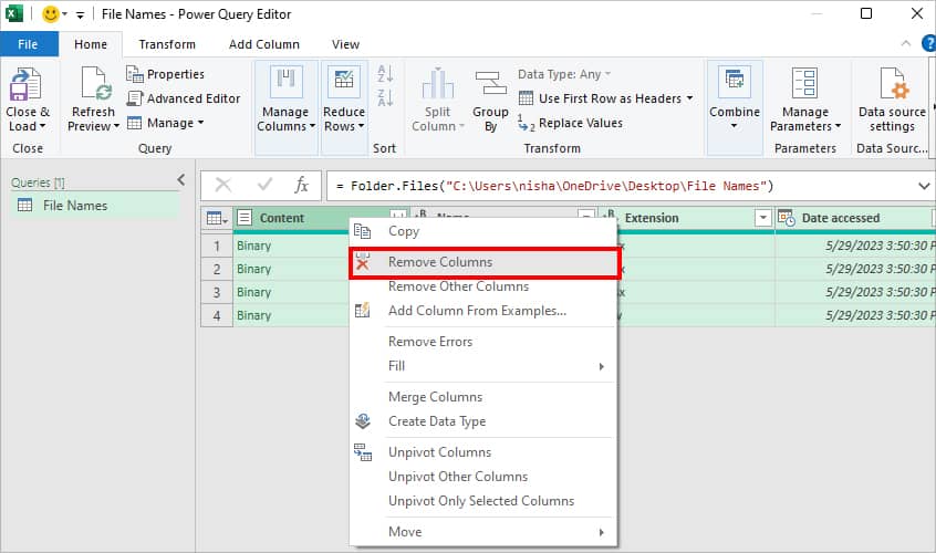 Right-click on the selected Column and pick Remove Columns