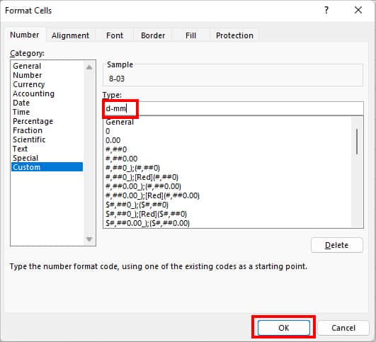 Under Type, enter short date format and click OK