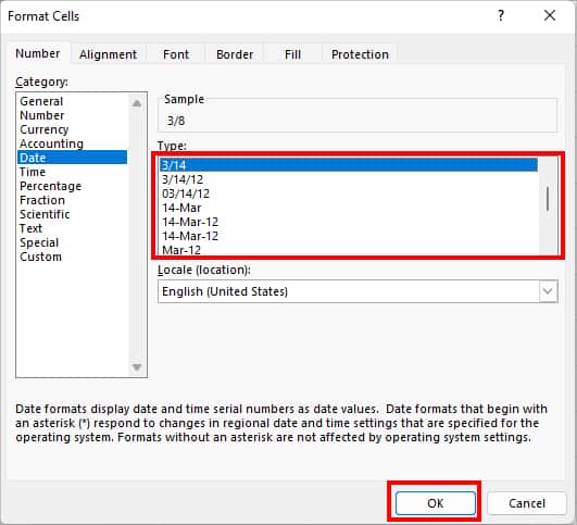 Under Type, scroll down the date formats to see all. Once you find the short date, select it and click OK