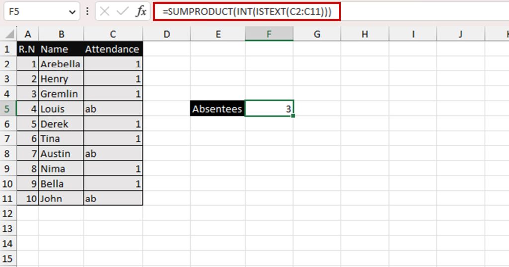 Use SUMPRODUCT and ISTEXT to count cells with text