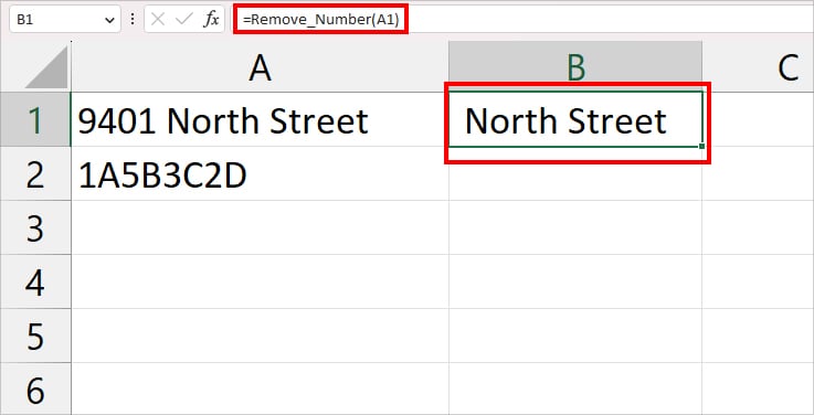 on a new cell, enter the formula as =Remove_Number(A1)