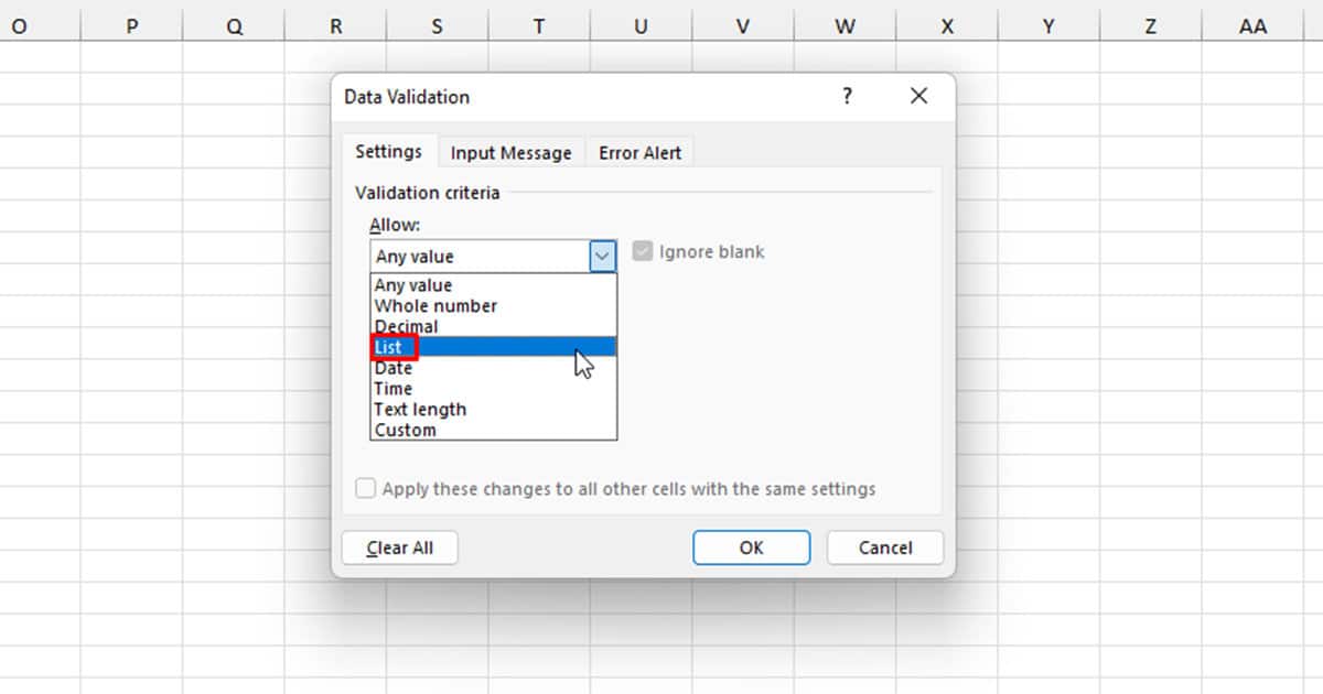 Allow Data Validation Type Excel