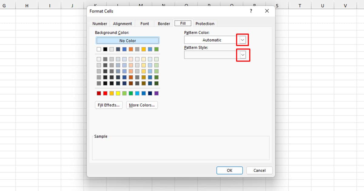 Choose Pattern color and style Excel