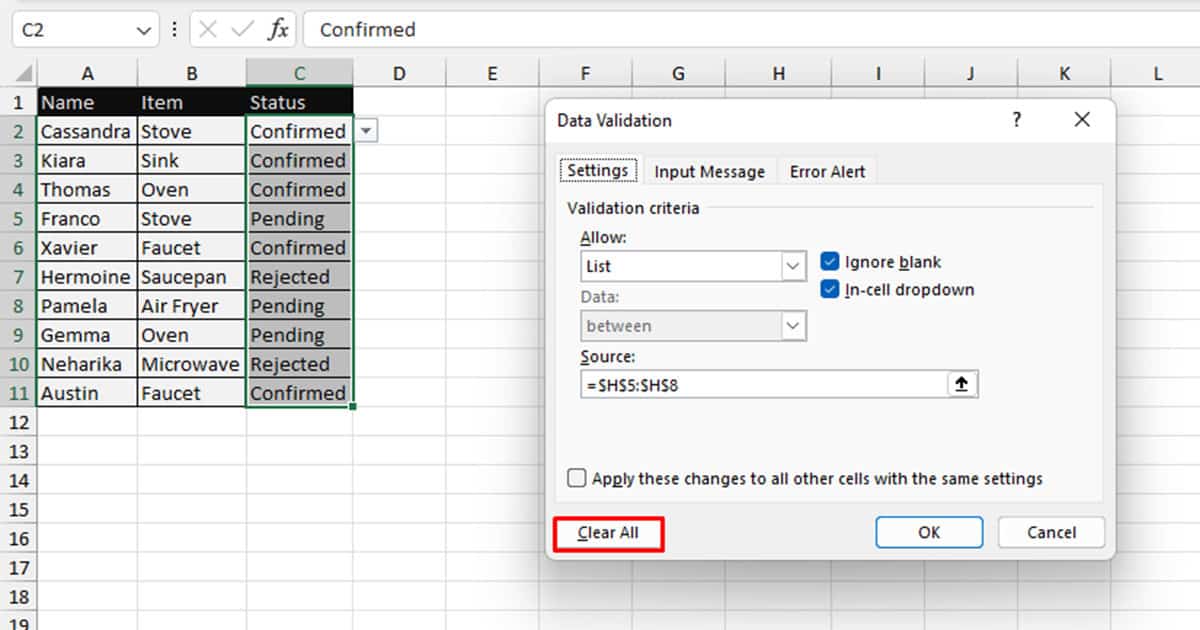 Clear All Data Validation Excel