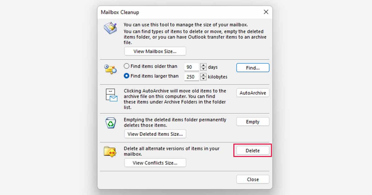 Delete Conflict Files Outlook