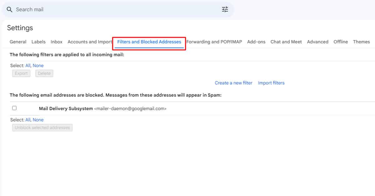 Filters and Blocked Addresses Gmail