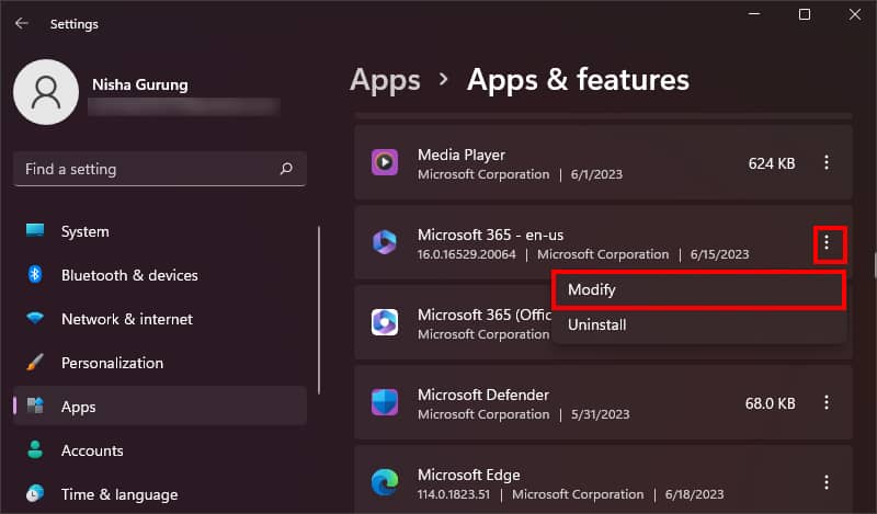 Find Microsoft 365 and select More icon -Modify