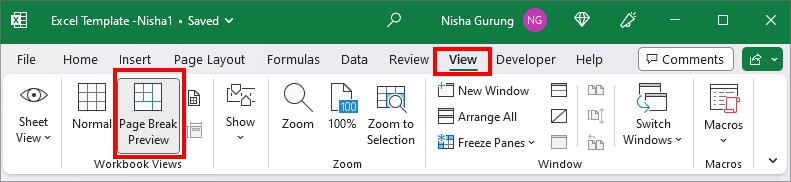 From Workbook Views, click on Page Break Preview