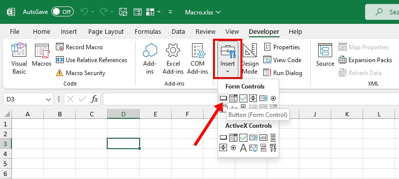 From the Controls section, click on Insert. Below Form Controls, pick Button(Form Control)