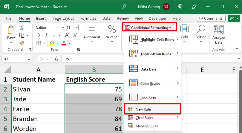 From the Home tab, click on Conditional Formatting - New Rule