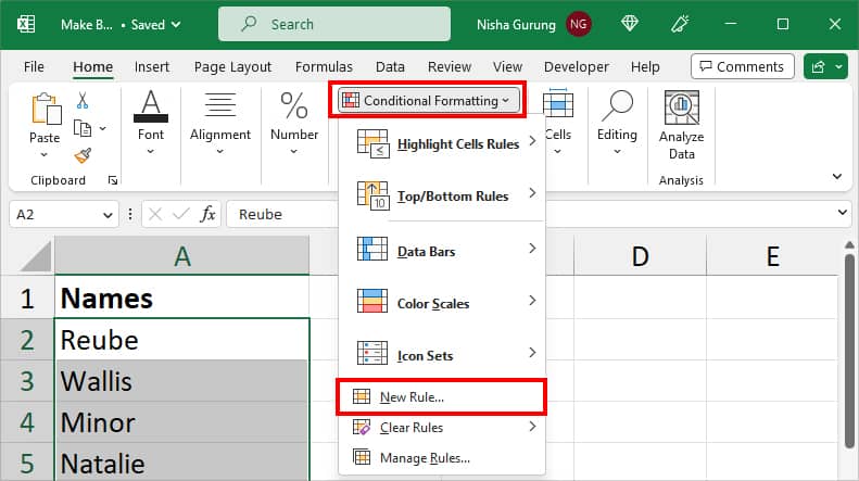 From the Home tab, click on Conditional Formatting- pick New Rule
