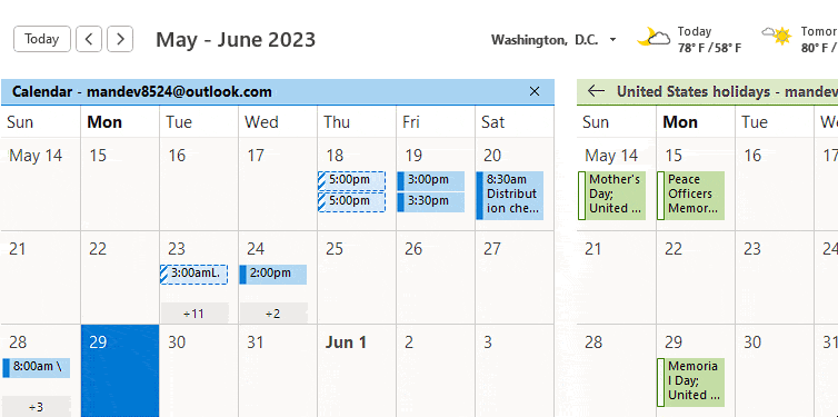 Merge and overlay two calendars on Outlook