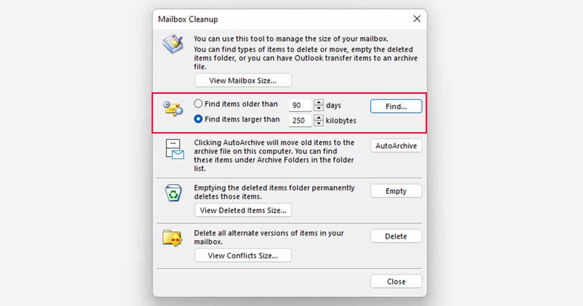 Navigate Older and Larger Files Mailbox Cleanup