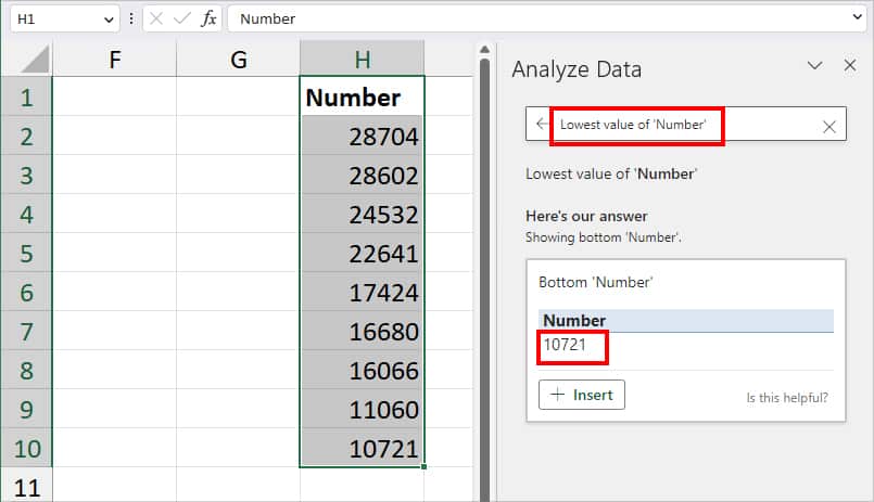 On Analyze Data, enter the Lowest value in the search bar