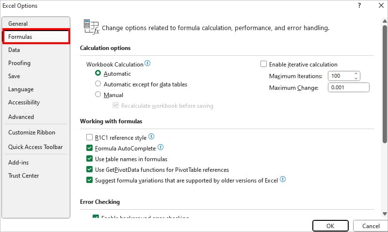 On Excel Options window, head to the Formulas category