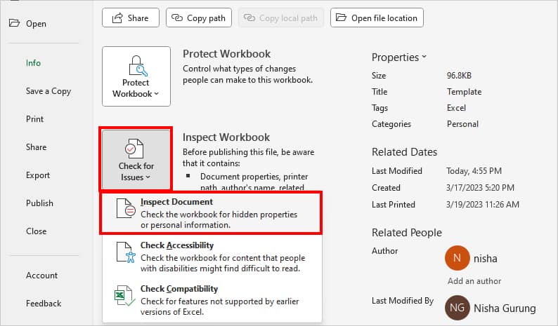 On Inspect Workbook, expand the option for Check for Issues-Inspect Document