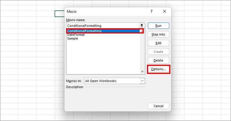 On Macro Window, select the Macro name you use frequently. Then, click Options
