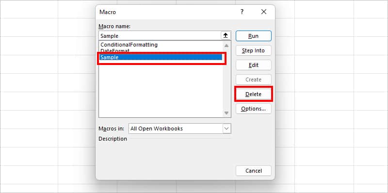 On Macro window, select a Macro you wish to remove and hit Delete button