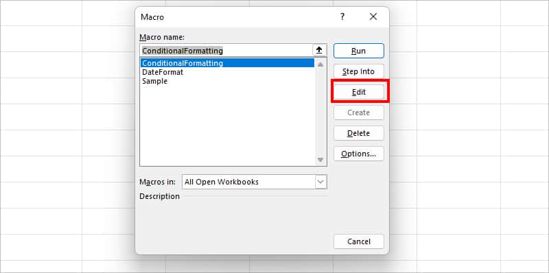 On Macro window, select the Recorded Macro and click Edit