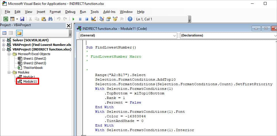 On Microsoft VBA window, double-click on the Module to see the copied Macro code