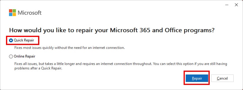 On Microsoft Window, pick Quick Repair and hit Repair