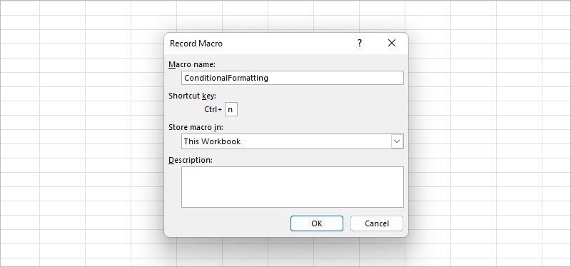 On Record Macro window, fill in the information for the following