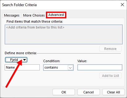 On Search Folder Criteria, go to Advanced tab
