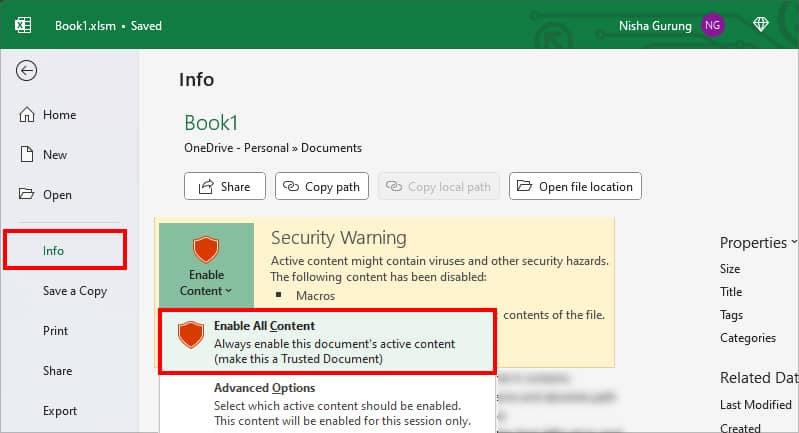 On Security Warning, click on Enable Content menu-Enable All Content