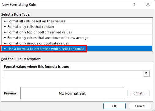 On the New Formatting Rule window, pick Use a formula to determine which cells to format
