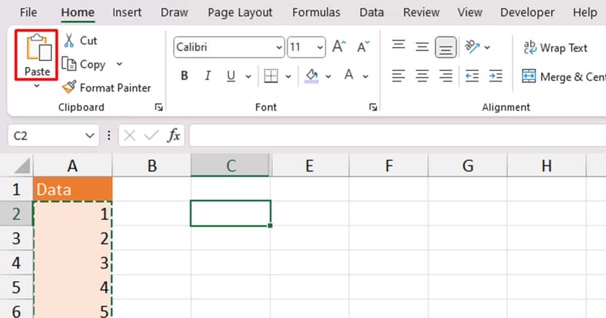 Paste from Excel ribbon
