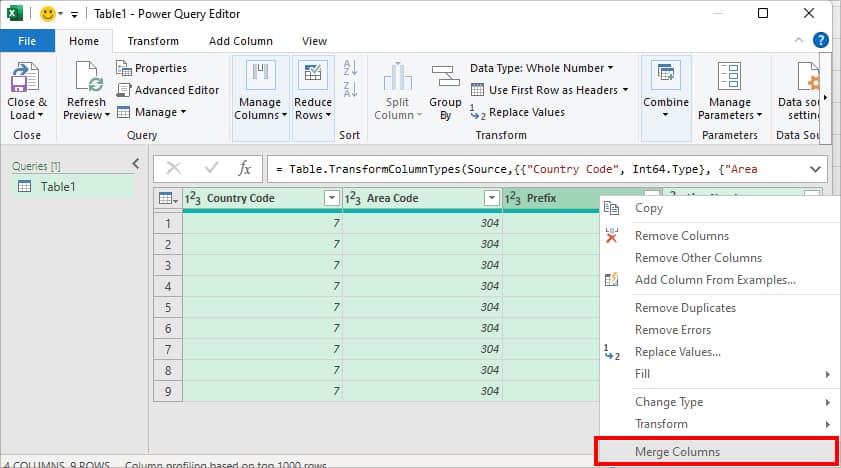 Right-click on the Column Header and pick Merge Columns